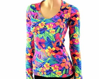 Tahitian Floral UV Glow Long Sleeve Scoop Neck Full Length Spandex Top