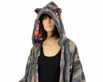 Unisex Big Boxy Sleeve Coco Robe in Denim Blue Minky Faux Fur & Meteorite Print with Cat Ears