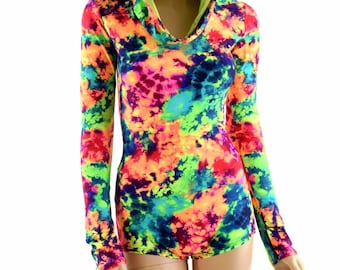 Neon UV Glow Acid Splash Print Long Sleeve Hoodie Romper with Lime Holographic Hood Lining and Boy Cut Leg 154091