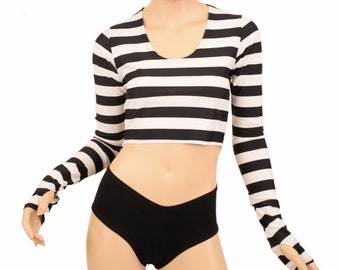 Horizontal Black & White Stripe Long Sleeve Scoop Neck Crop Top with Thumb Holes - 156773