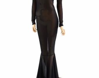 Sheer Black Mesh See Through Turtle Neck Gown with Long Sleeves, Back Zipper (No puddle train) 153910