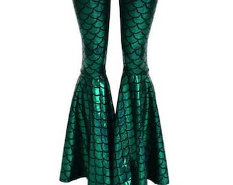 High Waist Mermaid Bell Bottom Flares in Green Dragon Scale   150305