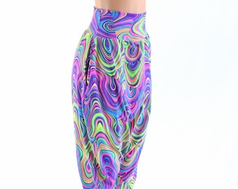 May include: A pair of colorful, patterned pants with a high waist and a loose, baggy fit. The pants are made of a stretchy, comfortable fabric and feature a swirling, psychedelic design in shades of pink, purple, green, and blue.
