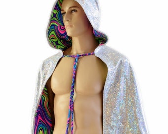 Unisex 35" Long Reversible Silver on White Shattered Glass & UV Neon Glow Worm Hooded Cape 154044