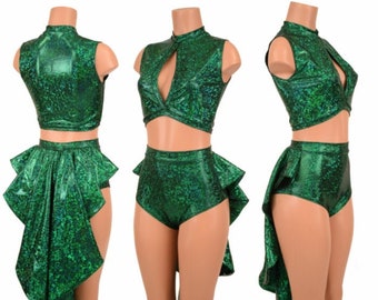 2PC Green Kaleidoscope Sleeveless Keyhole Crop Top & Siren Shorts with self-lined Tuxedo Ruffle Rump  -