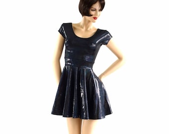 Black Metallic Holographic Skater Dress with Cap sleeves