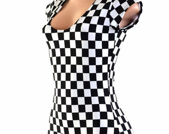 Black & White Checkered  Cap Sleeve  Romper , Scoop neck and boy cut leg  152803