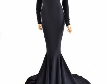 Black Zen Soft Knit Morticia V-Neck Gown with Long Sleeves and Puddle Train