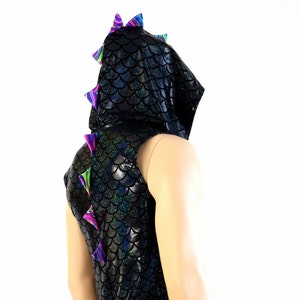 Mens Sleeveless Holographic Black Dragon Print Hoodie w/Glow Worm Spikes & Hood Liner -154270