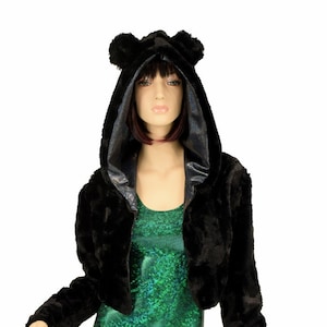 Black Minky Faux Fur &quot;Bear Ears&quot; Long Sleeve Cropped Zippered Jacket with Black Holographic lining & Pockets
