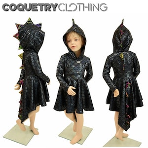 Girls Long Sleeve Dragon Hooded Skater Dress w/Dragon Tail Hemline Black Dragon Scale w Poisonous Spikes & Hoodliner - 156584