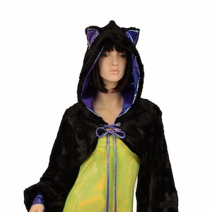 Black Minky Faux Fur Balloon Sleeve Hooded Kitty Ear Shrug with Moonstone metallic lining and Ties Rave Festival Soft Luxe - EMK317