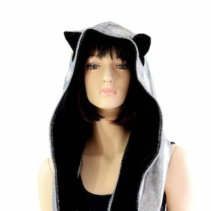 Reversible Silver Holographic Festival Hood with Black Velvet Hood Lining and Cat Ears Infinity Rave Hood 154418 image 1