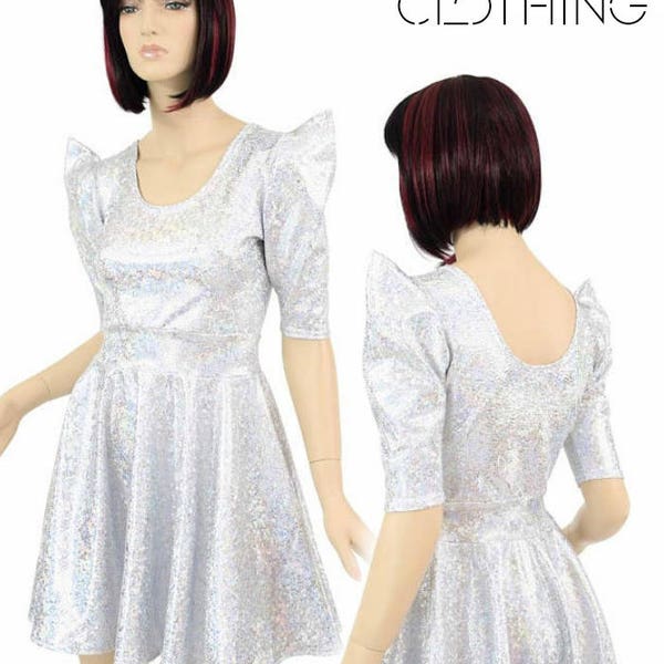 Silver & White Shattered Glass Holographic Sharp Shoulder Half Sleeve Scoop Neck Skater Dress -