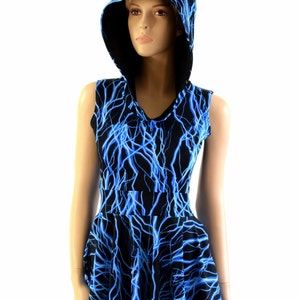 Pocket Hoodie Skater Dress in UV Glow Blue Lightning Print with Black Zen Hood Liner Spandex Clubwear Festival Rave 150577