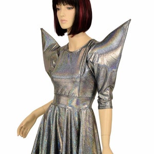 Mega Huge Sharp Shoulder Crew Neck Skater Dress in Silver Holographic Sparkle Darted Pointy Half Sleeve Fit and Flare Dress - 155539