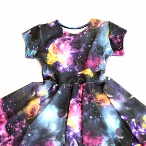 Girls UV Glow Galaxy Print Cap Sleeve Spandex Skater Dress    151867