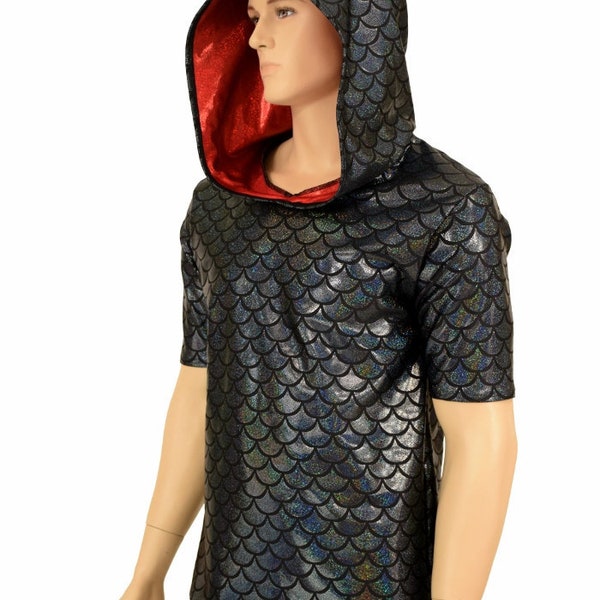 Mens Black Dragon Scale Hoodie with Short Sleeves & Red Metallic Hood Lining (No Spikes) Mens Rave or Festival Shirt
