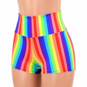 Vertical Rainbow Stripe Print High Waist Pinup Festival Rave Gay Pride Shorts - 154820