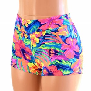 Midrise Tahitian Floral UV Glow Spandex Mid Rise Booty Shorts 154245
