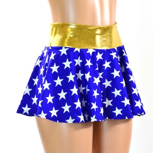 Blue & White Star Print Circle Cut Super Hero Mini Skirt with Gold Waist Band 150900 image 1