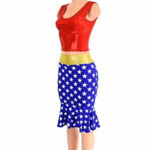 2PC Red Metallic CROP Top, Blue & White Star Print High Waist Ruffled Wiggle Skirt w/Gold Metallic Waistband  -E8068