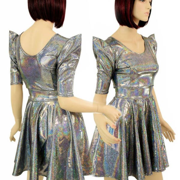 Silver Holographic Sharp Shoulder Skater Dress  with Scoop Neck in Front and Back -