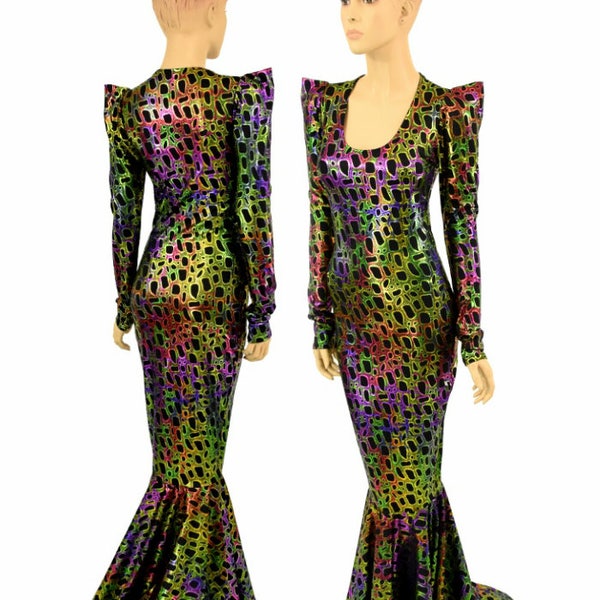 Poisonous Print Metallic Long Sleeve Sharp Shoulder Puddle Train Gown  154435