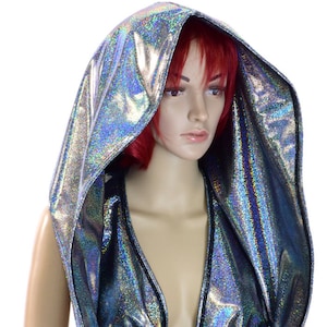 HUGE Sparkling Silver Metallic Holographic Cowl Hoodie Festival Rave Clubwear Hood Reversible Hood   -150273