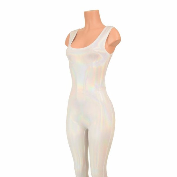 Flashbulb White Holographic Tank Style Sleeveless Spandex Catsuit 150883