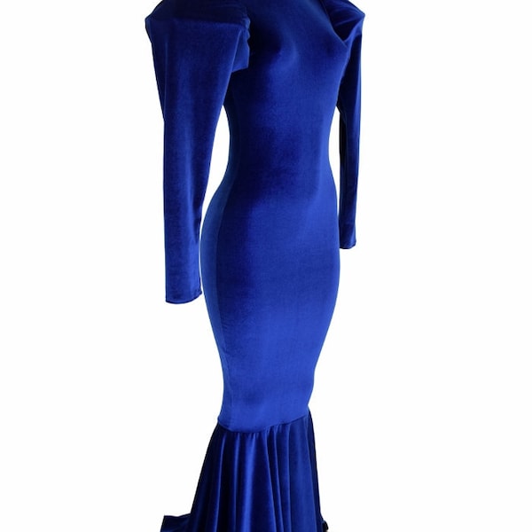 Sapphire Velvet Turtle Neck Puddle Train Gown with Puffed "Victoria" Sleeves and Back Zipper- 156162