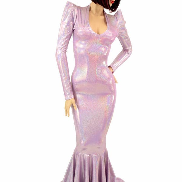 Glamorous, Bombshell Lilac Holographic Sharp Shoulder Gown with V Neck, Long Sleeves and Puddle Train - 155004