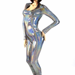 Silver Holographic Long Sleeve Scoop Neck Catsuit Bodysuit - 154160