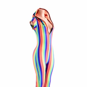 Rainbow Stripe Gay Pride Zipper Front Cap Sleeve Hoodie Catsuit w/Orange Sparkly Hood Lining  152475