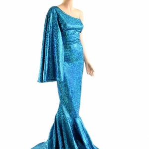 Turquoise on Black Shattered Glass One Shoulder Fan Sleeve "Sea Goddess" Gown with Puddle Train 154079