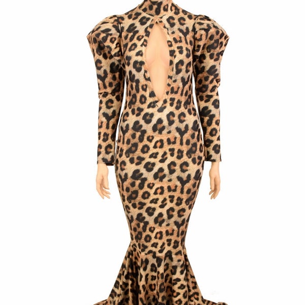 Leopard Print Turtle Neck Puddle Train Gown with Puffed "Victoria" Sleeves and Keyhole Neckline -156677