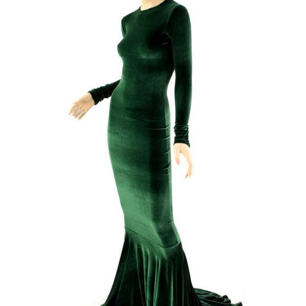 Bewitching Long, Forest Green Velvet Gown with Crew Neckline, Long Sleeves and Puddle Train - 154345