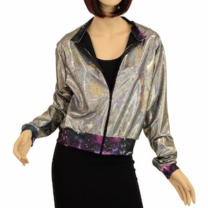 Silver Holographic Long Sleeve Zipper Front Cropped &quot;Kimberly&quot; Jacket with Galaxy Cuffs, Waistband, and Short Collar (NO HOOD) - 156569