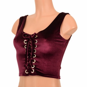 Burgundy Velvet Lace Up Crop Tank - 155881