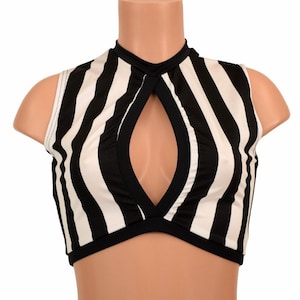 UV GLOW Black and White Vertical Stripe Print & Black Zen Soft Knit Sleeveless Keyhole Crop Top - 156035