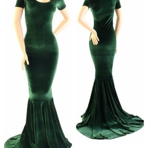Forest Green Velvet Gown with Scoop Neckline, Tee Length Sleeves and Puddle Train  -153917
