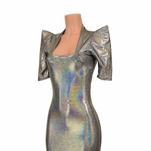 Silver Holographic Sharp Shoulder Half Sleeve Square Neck Dress Futuristic Mod Party Dress - 155861