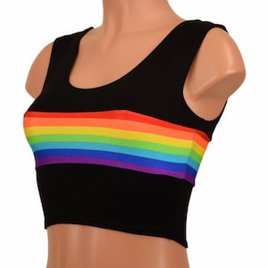 May include: A black sleeveless crop top with a rainbow stripe across the chest.
