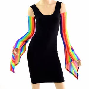 May include: A black sleeveless dress with rainbow striped arm warmers that have flared cuffs.