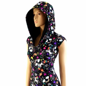 Unicorns & Rainbows Print Cap Sleeve Hoodie Romper with Black Zen Hoodliner and Boy Cut Leg  -E8185