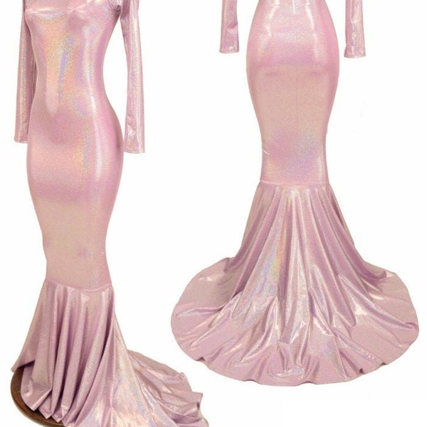 Lilac Holographic Zipper Back Crew Neck Long Sleeves Puddle Train Gown  - 156492