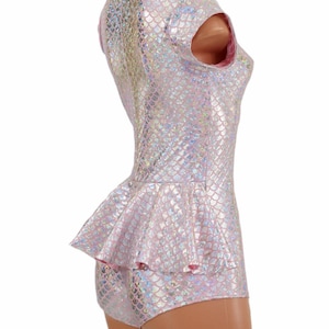 Pink & Silver Mermaid Scale Cap Sleeve Romper w/Ruffle Rump Bodysuit Onesie (No Hood) Rave Festival Clubwear 154735