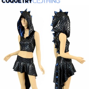 2PC Black Dragon Zipper Front Sleeveless Crop Hoodie / Blue Lightning Hood Liner & Spikes / Matching Dragon Tail Skirt 155010 image 1