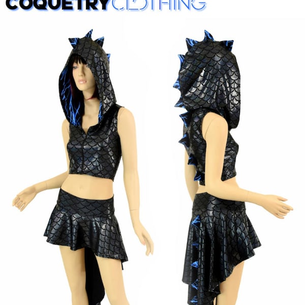 2PC Black Dragon Zipper Front Sleeveless Crop Hoodie / Blue Lightning Hood Liner & Spikes / Matching Dragon Tail Skirt -