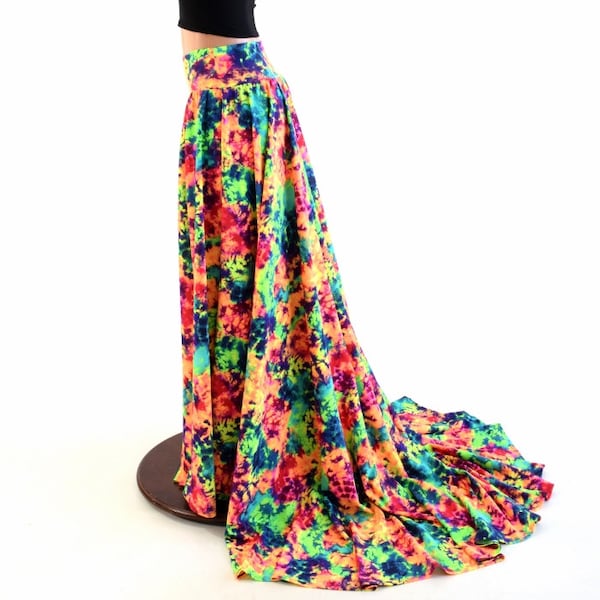 Full Length High Waist Puddle Train Skirt in Neon UV Glow Acid Splash  (SKIRT ONLY) 154120